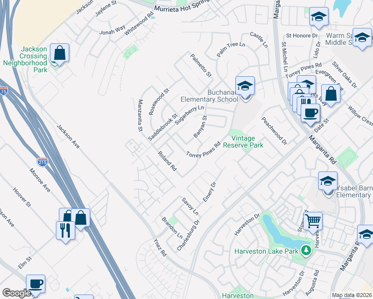 map of restaurants, bars, coffee shops, grocery stores, and more near 40344 Torrey Pines Road in Murrieta