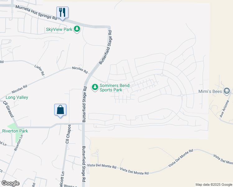 map of restaurants, bars, coffee shops, grocery stores, and more near Butterfield Stage Road in Temecula