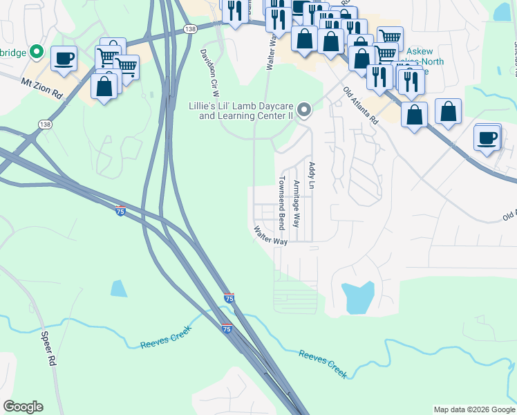 map of restaurants, bars, coffee shops, grocery stores, and more near 2505 Walter Way in Stockbridge