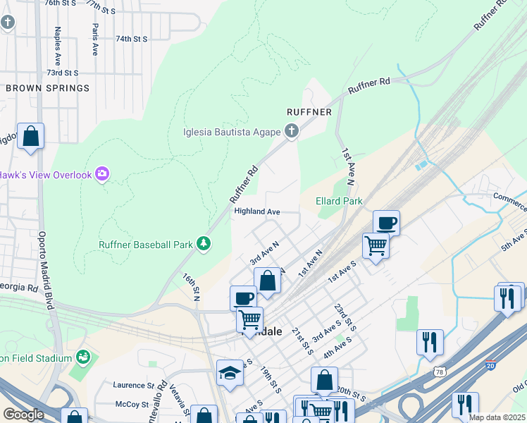 map of restaurants, bars, coffee shops, grocery stores, and more near 2251 Highland Avenue in Birmingham