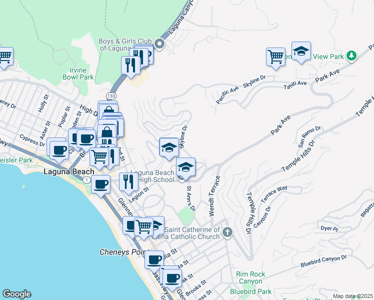 map of restaurants, bars, coffee shops, grocery stores, and more near 1060 Skyline Drive in Laguna Beach