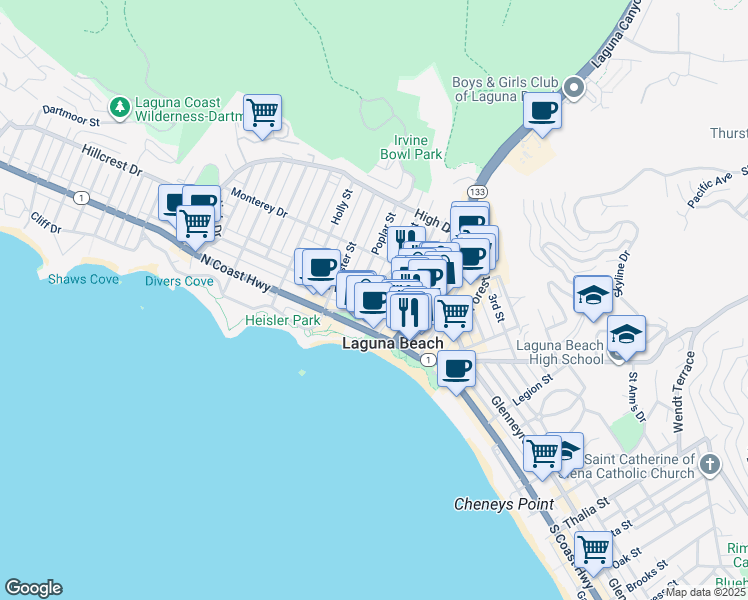 map of restaurants, bars, coffee shops, grocery stores, and more near 234 Cliff Drive in Laguna Beach