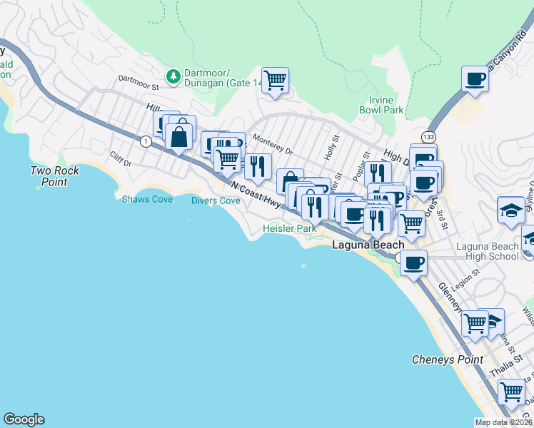 map of restaurants, bars, coffee shops, grocery stores, and more near 450 Cliff Drive in Laguna Beach