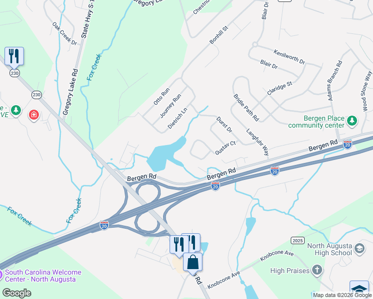 map of restaurants, bars, coffee shops, grocery stores, and more near 230 Gustav Court in North Augusta