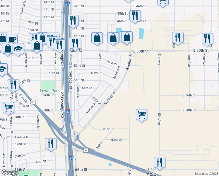 map of restaurants, bars, coffee shops, grocery stores, and more near 206 54th Street in Lubbock