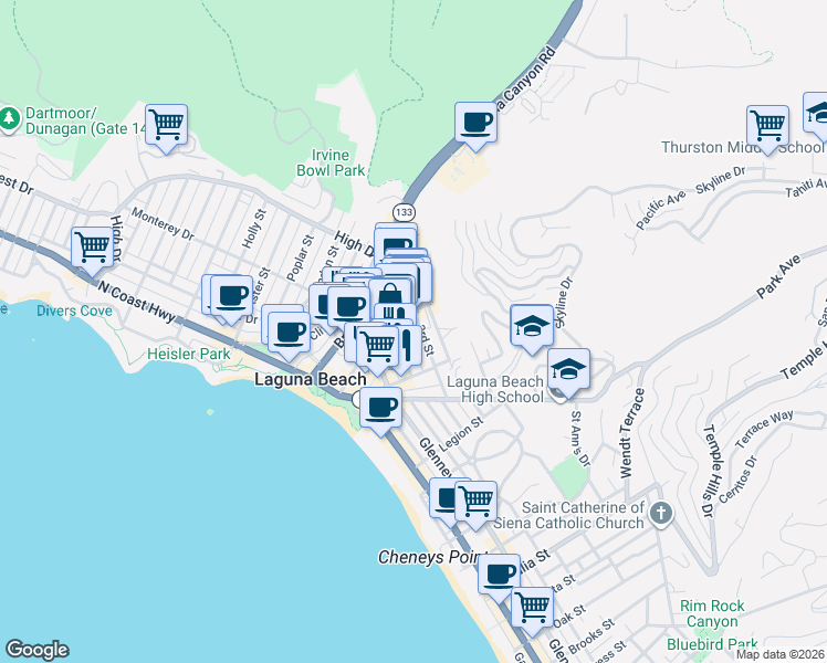 map of restaurants, bars, coffee shops, grocery stores, and more near 327 3rd Street in Laguna Beach