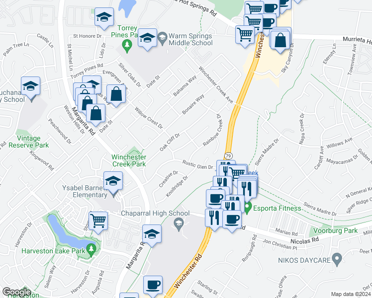 map of restaurants, bars, coffee shops, grocery stores, and more near 39600 Long Ridge Drive in Temecula