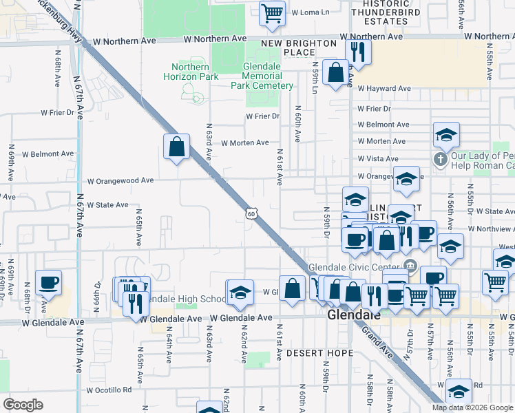 map of restaurants, bars, coffee shops, grocery stores, and more near 6162 Grand Avenue in Glendale