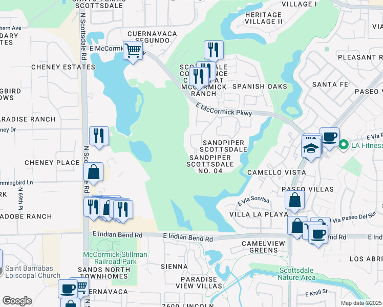 map of restaurants, bars, coffee shops, grocery stores, and more near 7410 North Tombstone Road in Scottsdale
