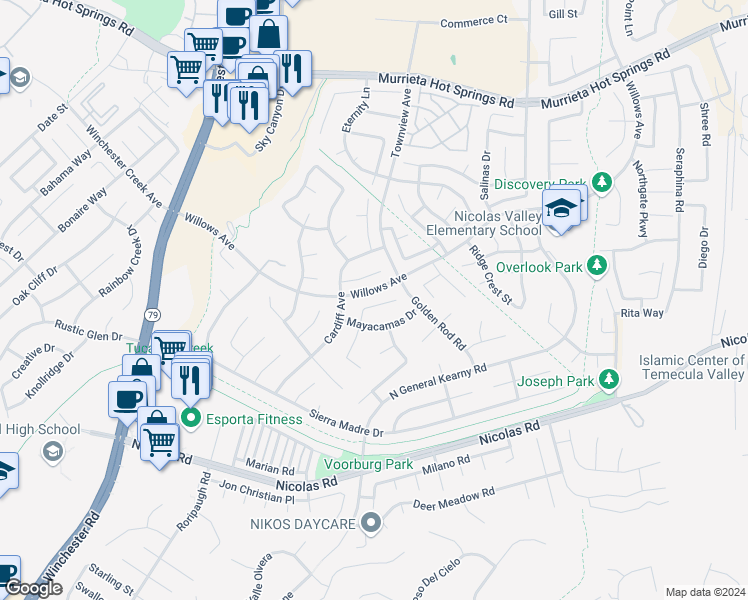 map of restaurants, bars, coffee shops, grocery stores, and more near 30312 Carmenet Circle in Murrieta