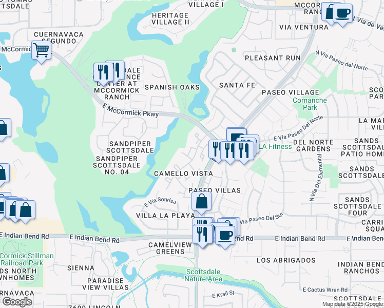 map of restaurants, bars, coffee shops, grocery stores, and more near 7352 North Vía Camello Del Norte in Scottsdale