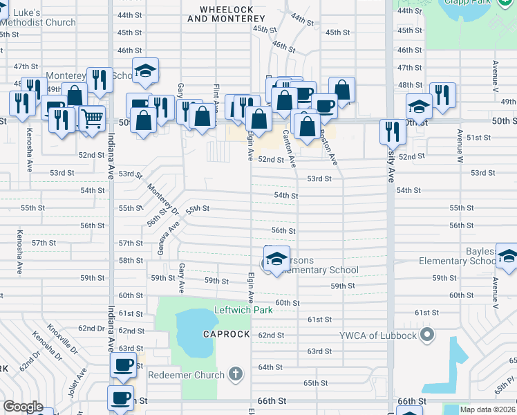 map of restaurants, bars, coffee shops, grocery stores, and more near 2824 55th Street in Lubbock