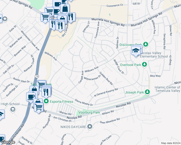map of restaurants, bars, coffee shops, grocery stores, and more near 30312 Carmenet Circle in Murrieta
