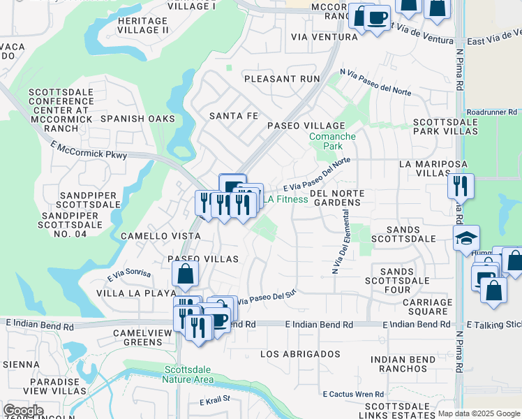map of restaurants, bars, coffee shops, grocery stores, and more near 8333 East Vía Paseo Del Norte in Scottsdale