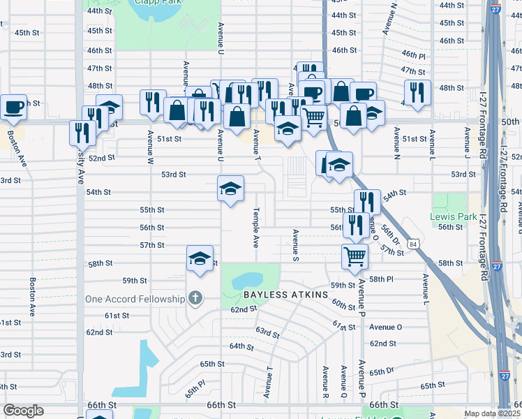 map of restaurants, bars, coffee shops, grocery stores, and more near 5406 Avenue T in Lubbock