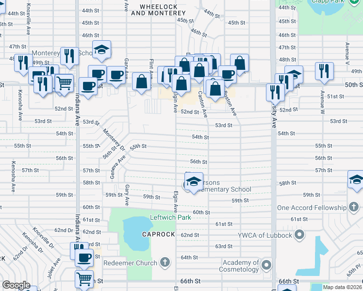 map of restaurants, bars, coffee shops, grocery stores, and more near 2824 55th Street in Lubbock