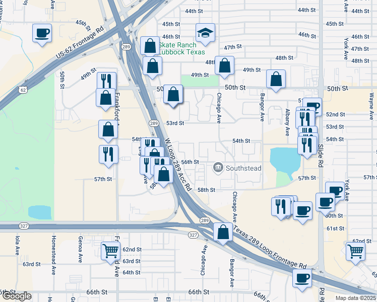 map of restaurants, bars, coffee shops, grocery stores, and more near 5550 56th Street in Lubbock