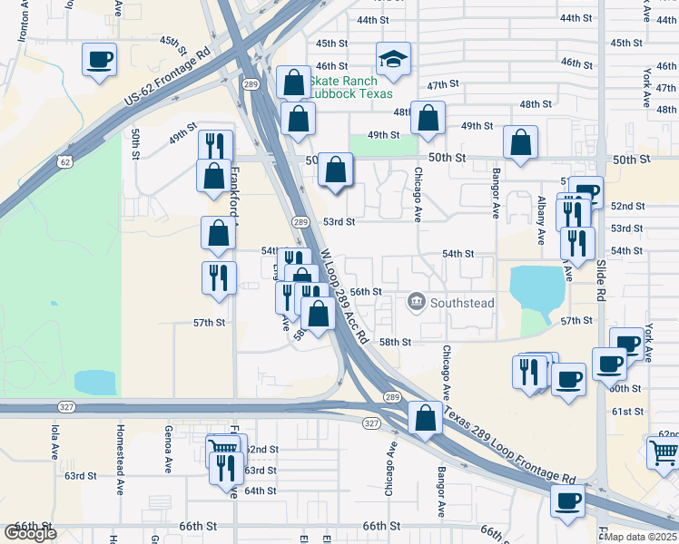 map of restaurants, bars, coffee shops, grocery stores, and more near 5560 56th Street in Lubbock