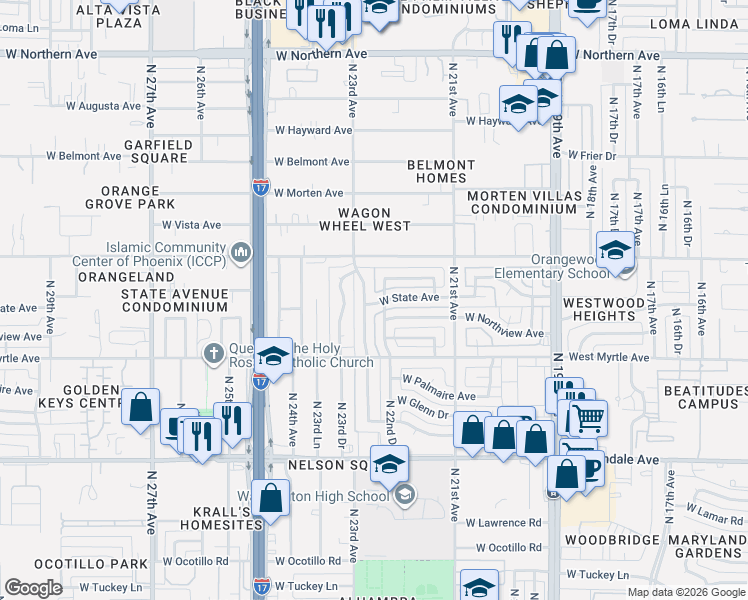 map of restaurants, bars, coffee shops, grocery stores, and more near 2226 West State Avenue in Phoenix