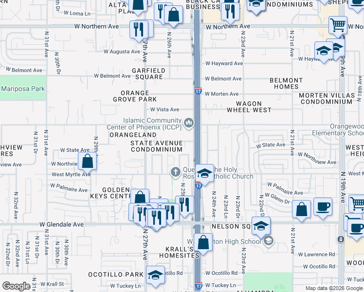 map of restaurants, bars, coffee shops, grocery stores, and more near 7316 North Black Canyon Highway in Phoenix