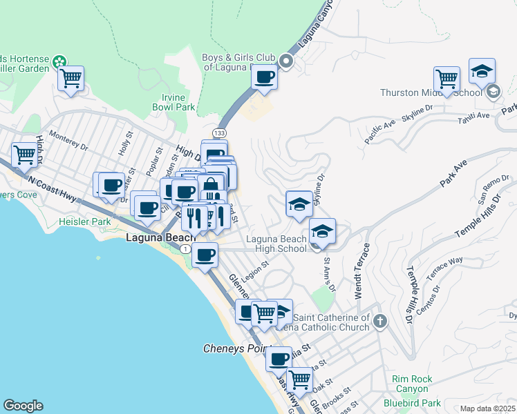 map of restaurants, bars, coffee shops, grocery stores, and more near 330 Y Place in Laguna Beach