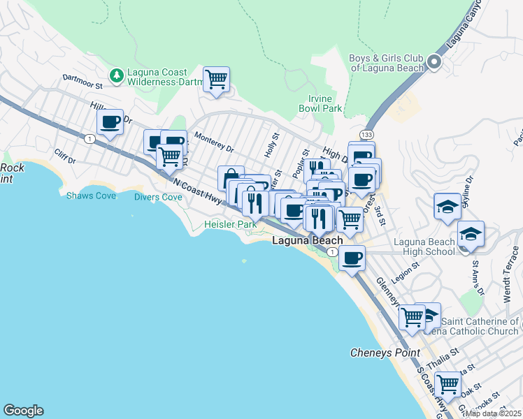 map of restaurants, bars, coffee shops, grocery stores, and more near 281 Cypress Drive in Laguna Beach