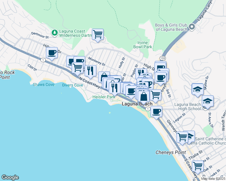map of restaurants, bars, coffee shops, grocery stores, and more near 364 North Coast Highway in Laguna Beach