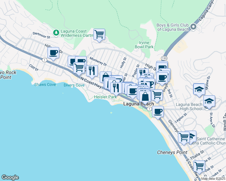 map of restaurants, bars, coffee shops, grocery stores, and more near 364 North Coast Highway in Laguna Beach