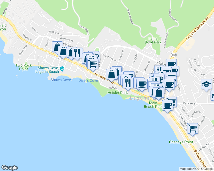 map of restaurants, bars, coffee shops, grocery stores, and more near 484 Cliff Drive in Laguna Beach