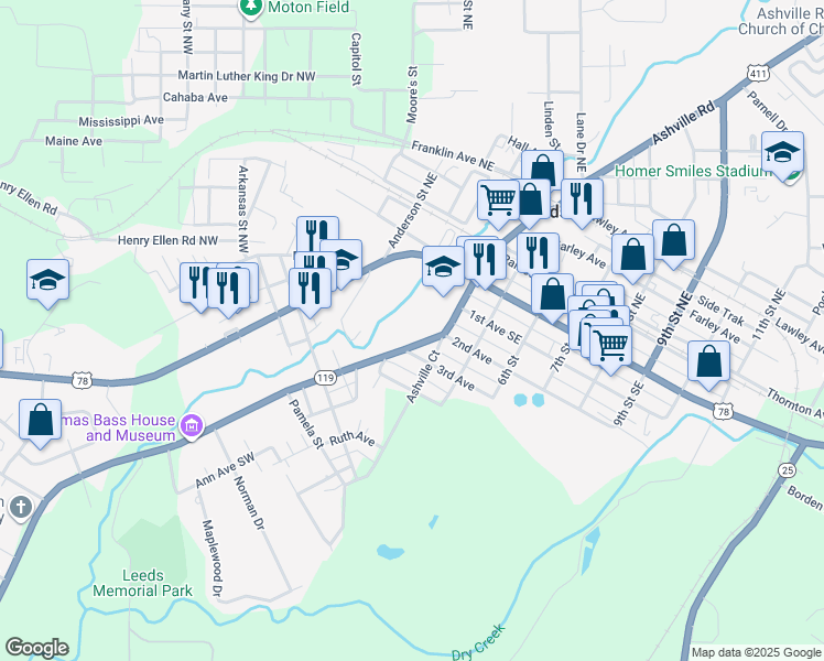 map of restaurants, bars, coffee shops, grocery stores, and more near 966 Montevallo Road Southeast in Leeds