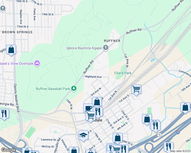 map of restaurants, bars, coffee shops, grocery stores, and more near 2228 Highland Avenue in Irondale
