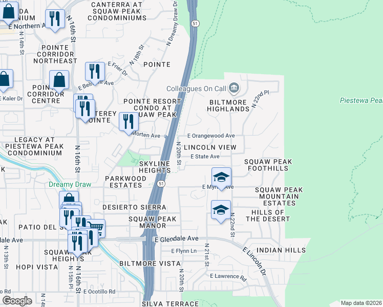 map of restaurants, bars, coffee shops, grocery stores, and more near 2015 East Gardenia Avenue in Phoenix