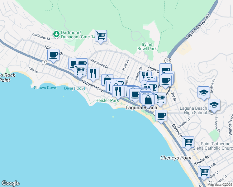 map of restaurants, bars, coffee shops, grocery stores, and more near 364 North Coast Highway in Laguna Beach