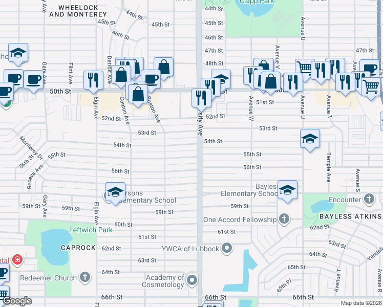 map of restaurants, bars, coffee shops, grocery stores, and more near 2504 55th Street in Lubbock