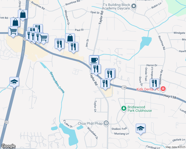 map of restaurants, bars, coffee shops, grocery stores, and more near 336B Georgia 138 in Riverdale