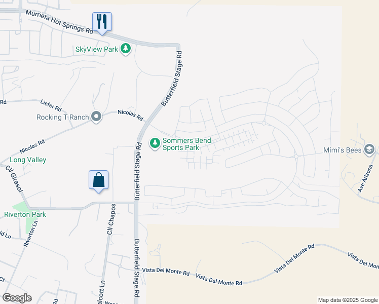 map of restaurants, bars, coffee shops, grocery stores, and more near Butterfield Stage Road in Temecula