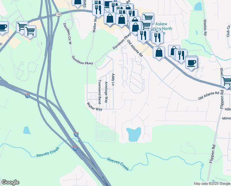 map of restaurants, bars, coffee shops, grocery stores, and more near 225 Addy Lane in Stockbridge