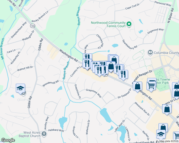 map of restaurants, bars, coffee shops, grocery stores, and more near 4460 Georgia 104 in Evans
