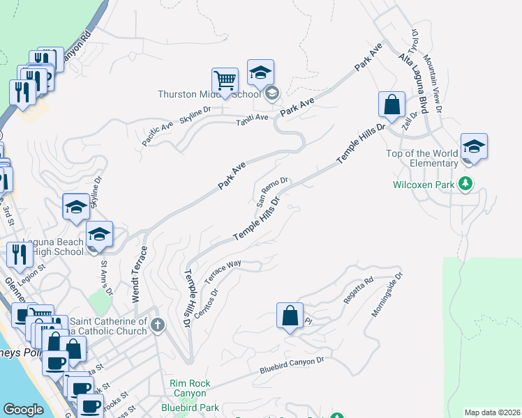 map of restaurants, bars, coffee shops, grocery stores, and more near 1955 San Remo Drive in Laguna Beach