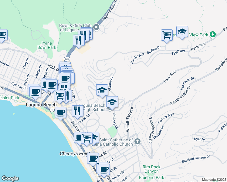 map of restaurants, bars, coffee shops, grocery stores, and more near 1060 Skyline Drive in Laguna Beach
