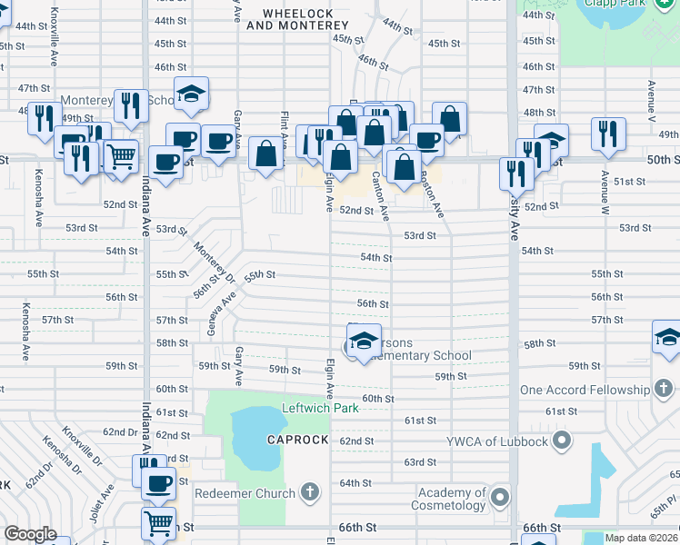 map of restaurants, bars, coffee shops, grocery stores, and more near 2824 55th Street in Lubbock