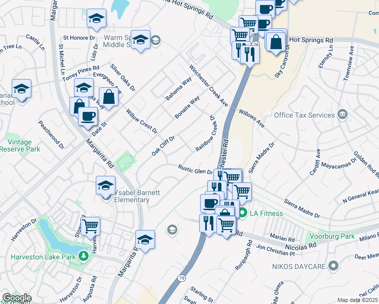 map of restaurants, bars, coffee shops, grocery stores, and more near 27181 Rainbow Creek Drive in Temecula