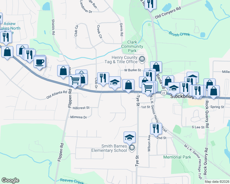 map of restaurants, bars, coffee shops, grocery stores, and more near 4882 Georgia 42 in Stockbridge