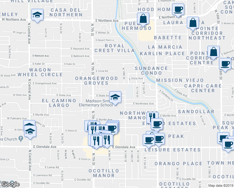 map of restaurants, bars, coffee shops, grocery stores, and more near 908 East State Avenue in Phoenix