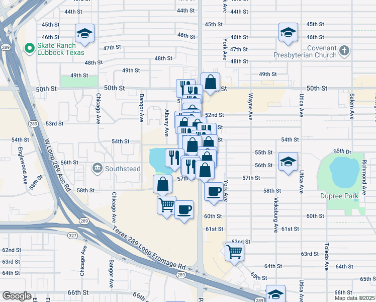 map of restaurants, bars, coffee shops, grocery stores, and more near in Lubbock