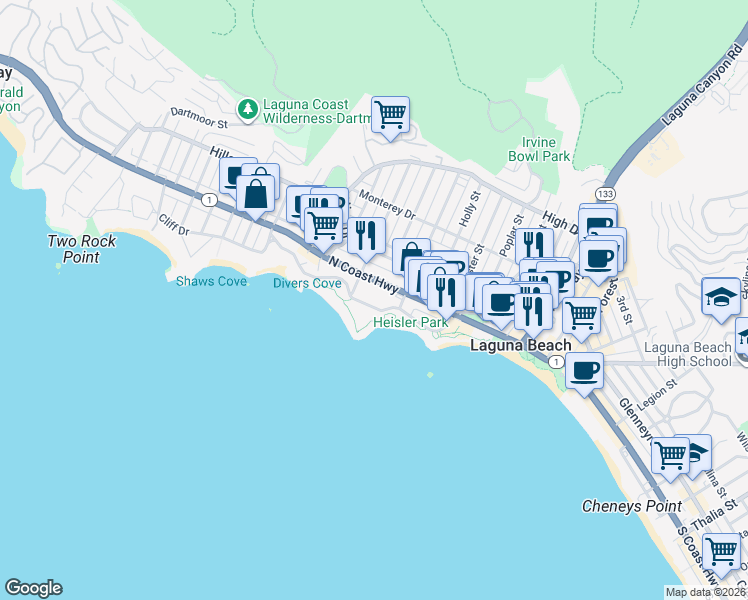 map of restaurants, bars, coffee shops, grocery stores, and more near 462 Cliff Drive in Laguna Beach