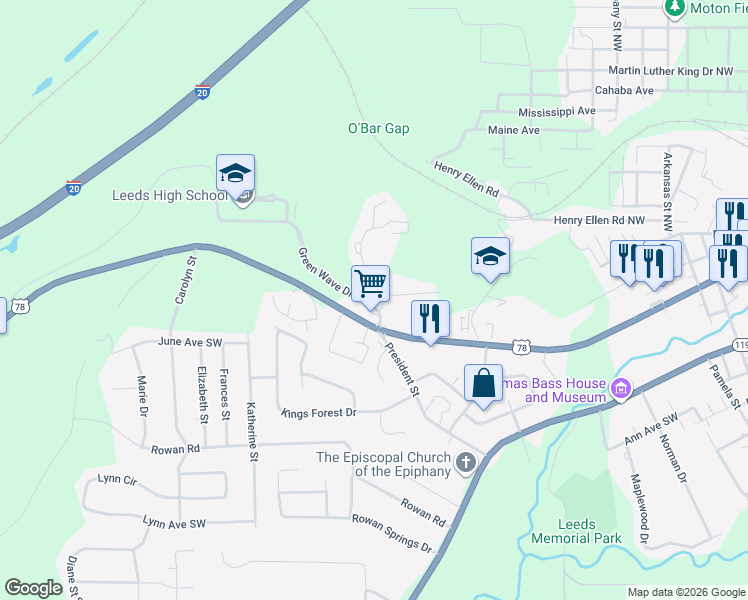 map of restaurants, bars, coffee shops, grocery stores, and more near 7290 Parkway Drive Southeast in Leeds