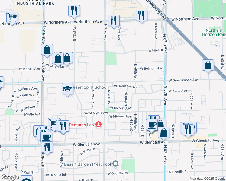 map of restaurants, bars, coffee shops, grocery stores, and more near 7016 West State Avenue in Glendale