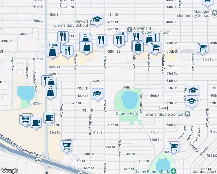 map of restaurants, bars, coffee shops, grocery stores, and more near 5421 Utica Avenue in Lubbock