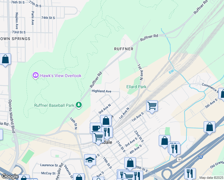 map of restaurants, bars, coffee shops, grocery stores, and more near 2322 Highland Avenue in Irondale